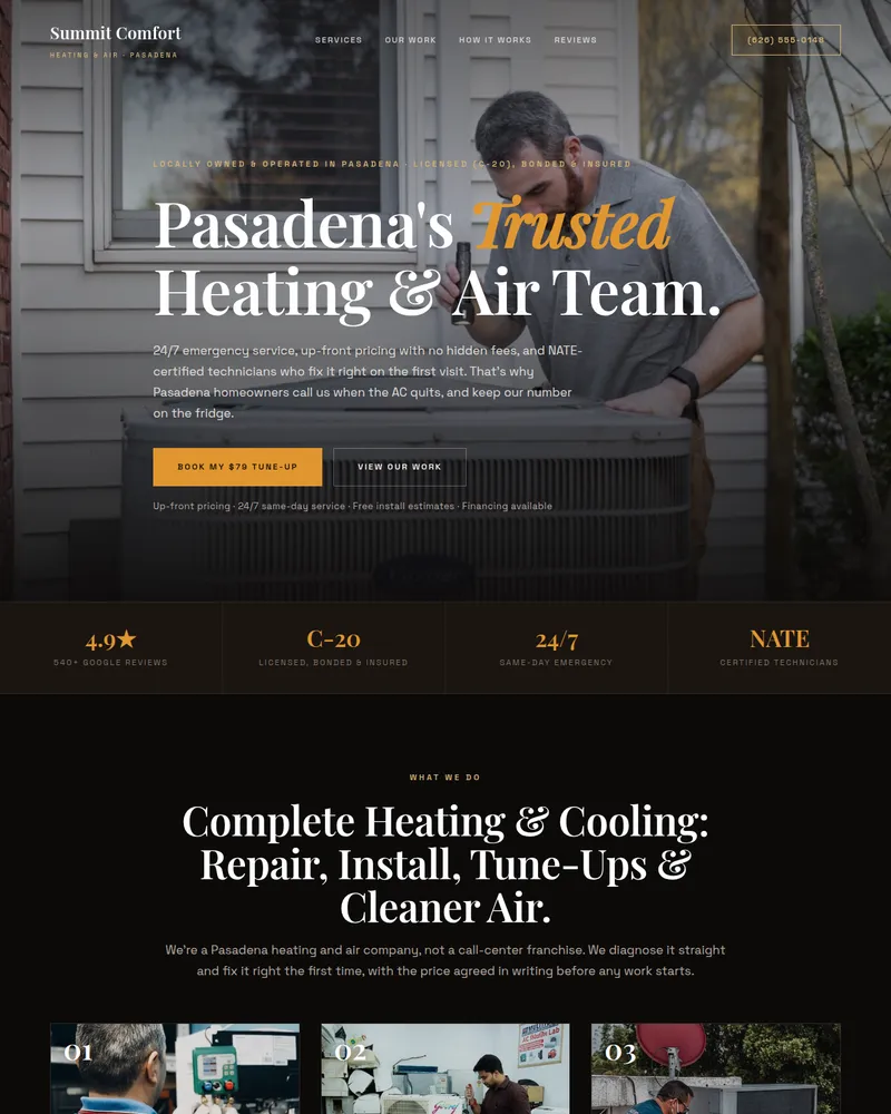The Noir Estate heating and air template: a dark header and a technician photo behind the headline