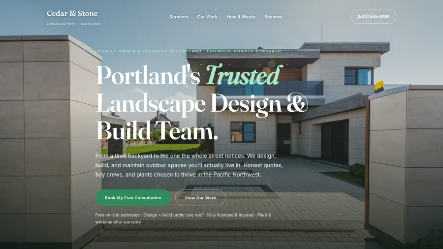 A landscaping website made from the Verdant template: a full-width project photo, the headline and a consultation button