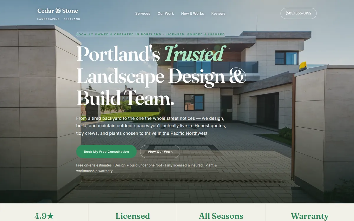 The Verdant template, shown for Cedar & Stone Landscaping