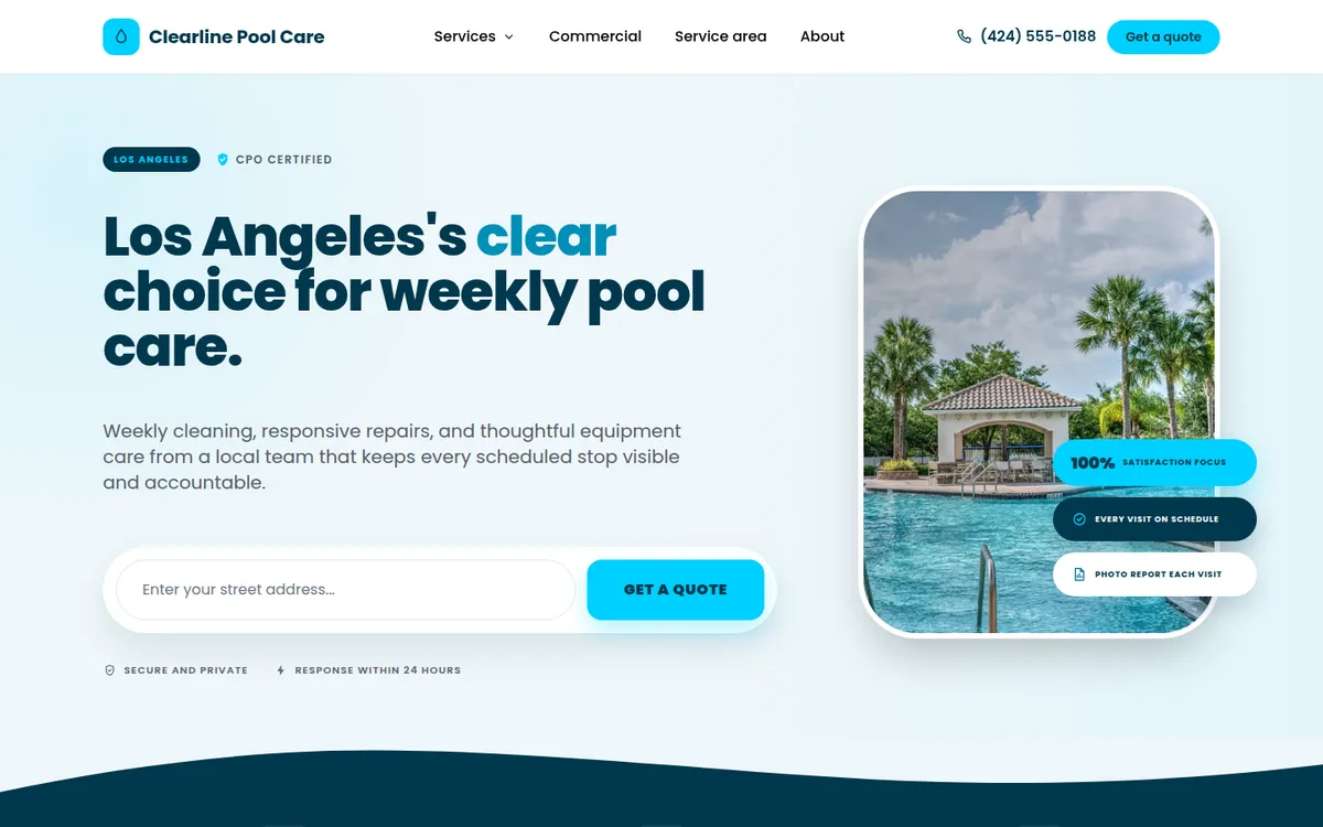 The Clearline template, shown for Clearline Pool Care