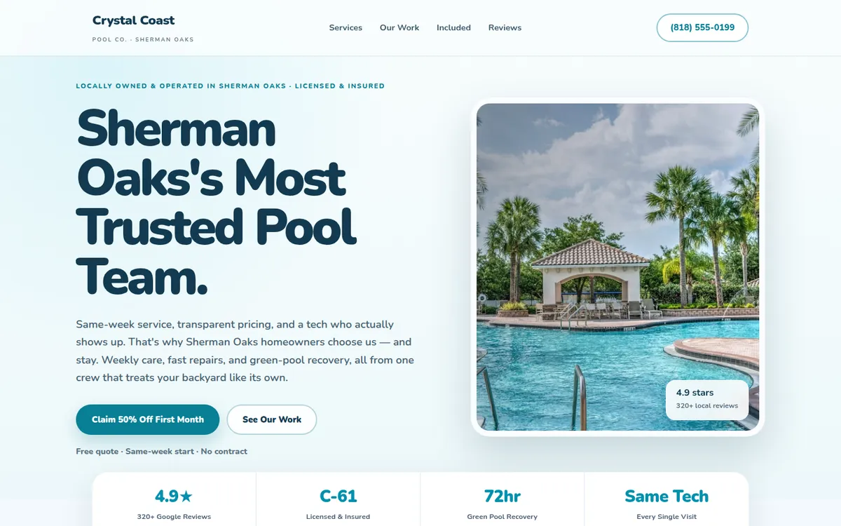 The Crystal Coast template, shown for Crystal Coast Pool Co.
